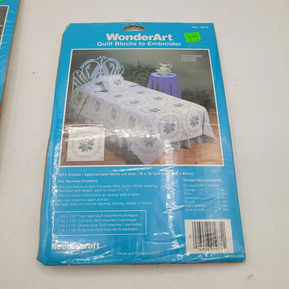 X2 WonderArt Quilt Blocks To Embroider #1975 Violets- 6‎ Stamped 18